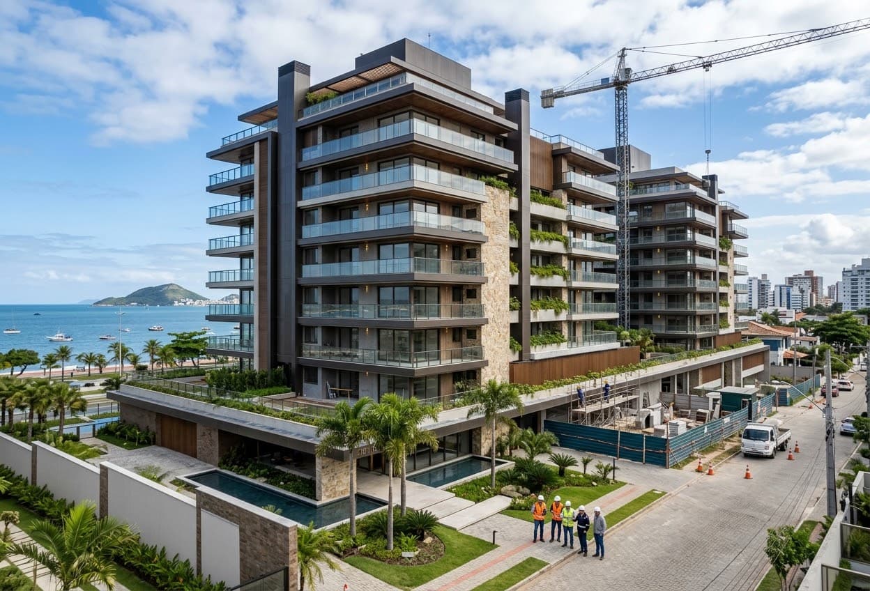 Edifício residencial em fase final de obra à beira-mar em Vila Velha, com equipe no canteiro