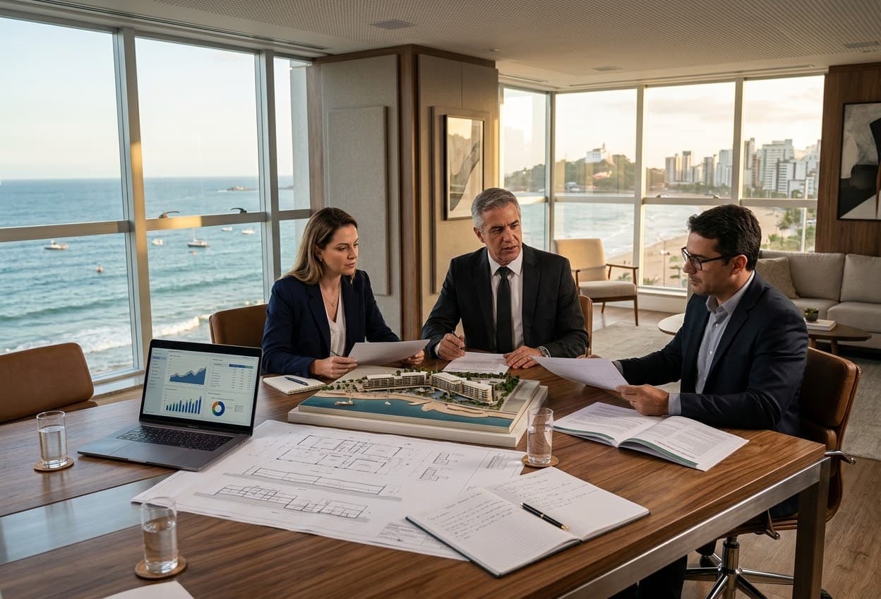 Reunião de investimento com maquete e plantas em sala com vista para o mar