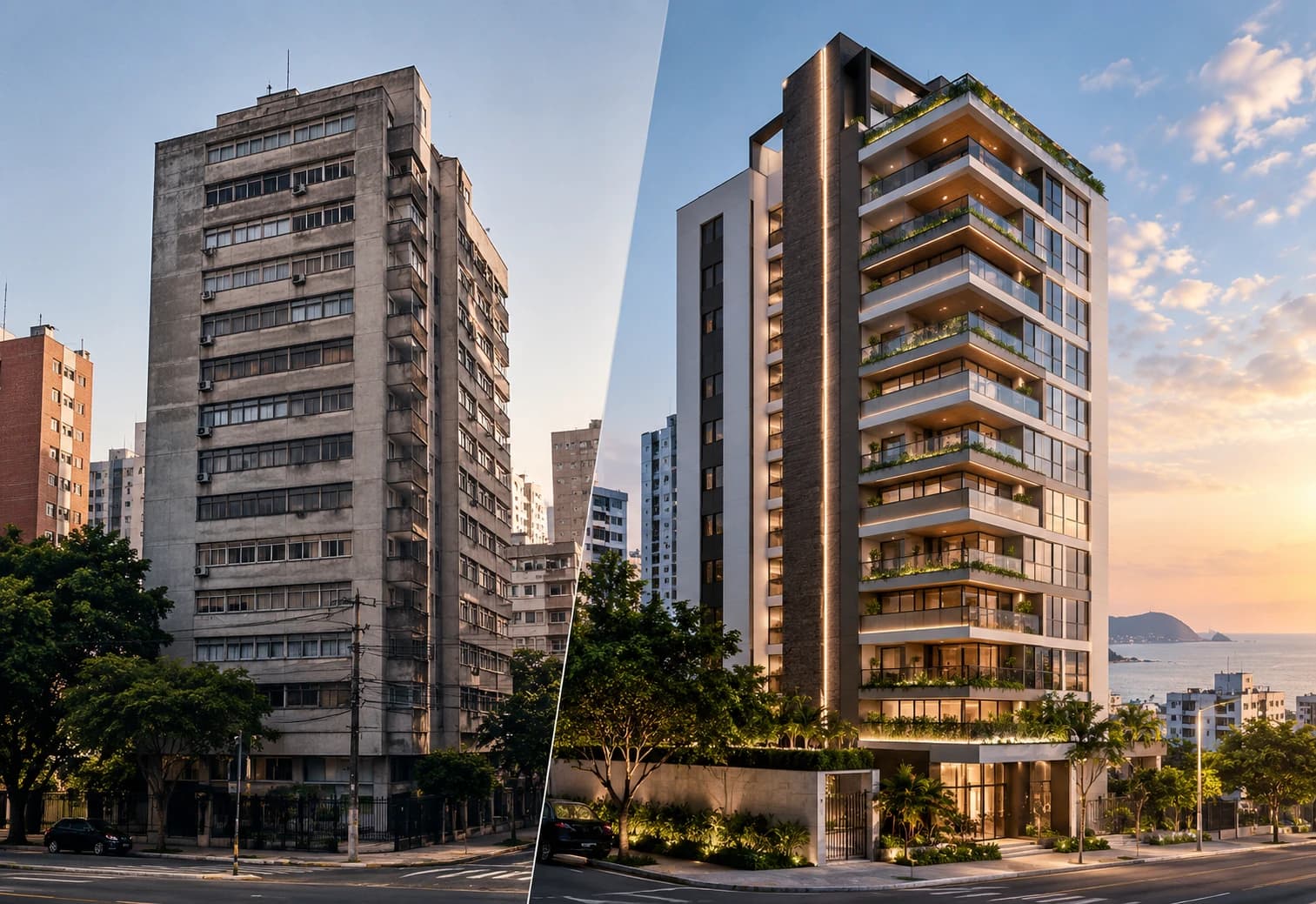 Antes e depois de um retrofit: prédio antigo de concreto ao lado do mesmo edifício renovado, com varandas de vidro e jardins