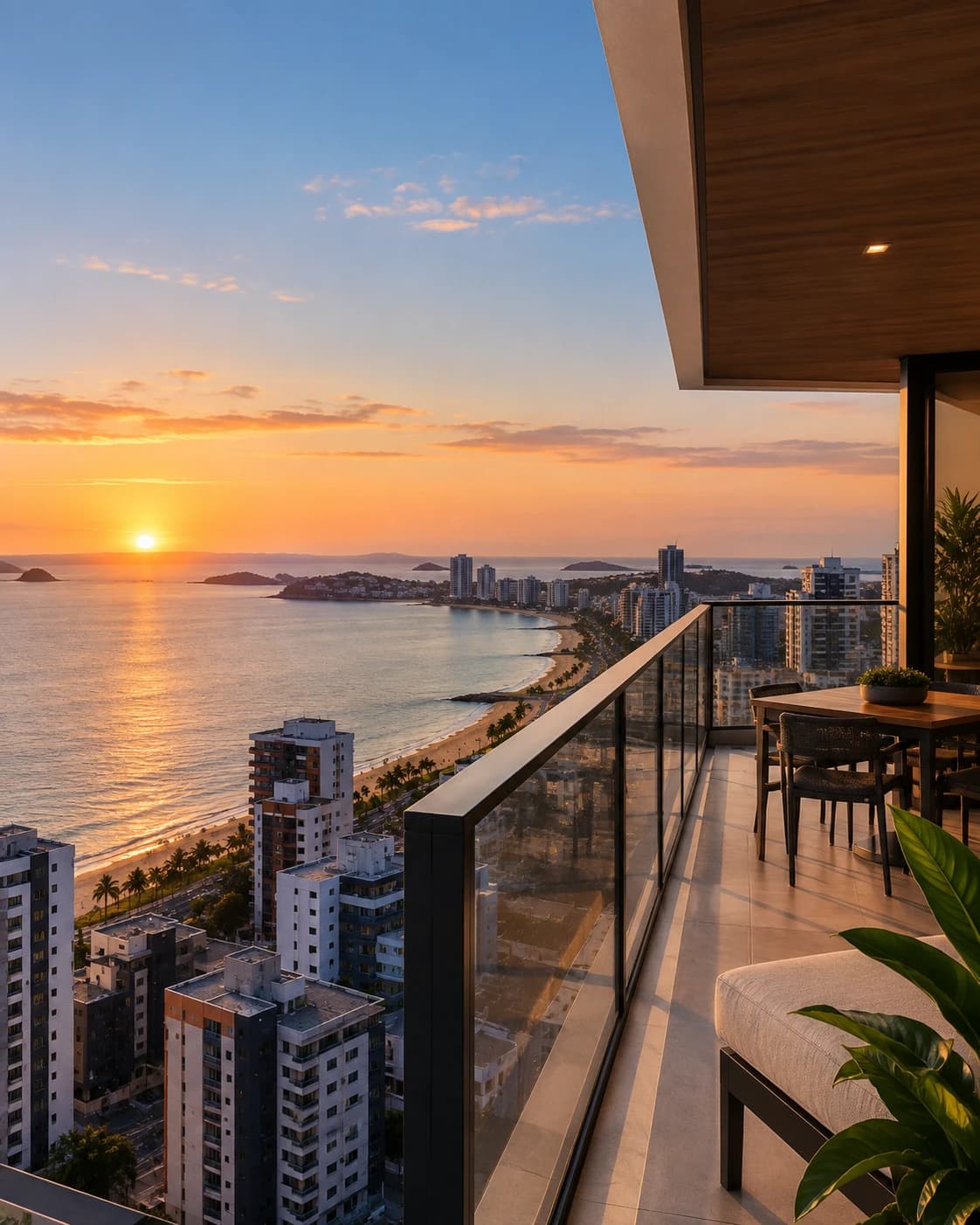 Varanda de apartamento com vista para a orla de Vila Velha ao pôr do sol